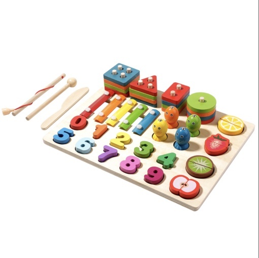 Jucarie Montessori 4 in 1 – Xilofon, Coloane sortator, Joc pescuit si Cifre, din lemn