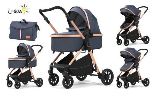 Carucior 2 in 1, F7 Albastru, reversibil, pliabil compact, suspensii duble