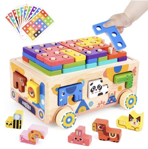Jucarie camion cu sortator forme geometrice si animalute, Geometry Car, din lemn