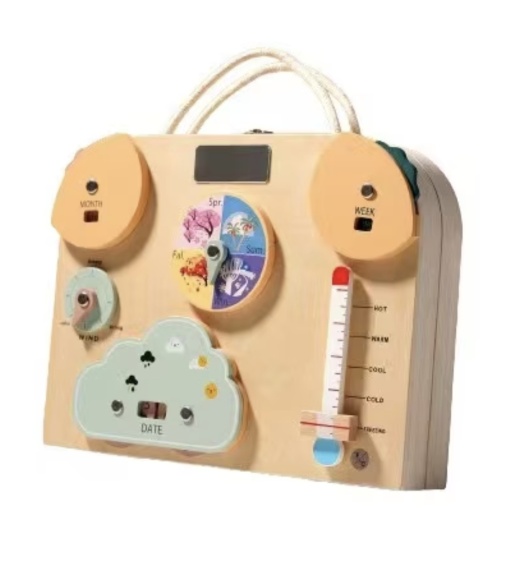 Joc Montessori Placa Busy Board Vremea, dubla, cu 8 activitati, din lemn