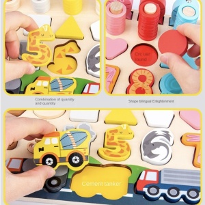 Joc Logarithmic Montessori 7 in 1, cu cifre, forme si vehicule, din lemn - Img 6