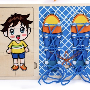 Jucarie Montessori 2 in 1, Puzzle baietel si Invata Sa Legi Sireturile, bleu - Img 1