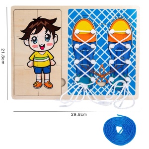 Jucarie Montessori 2 in 1, Puzzle baietel si Invata Sa Legi Sireturile, bleu - Img 2