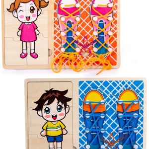 Jucarie Montessori 2 in 1, Puzzle baietel si Invata Sa Legi Sireturile, bleu - Img 4
