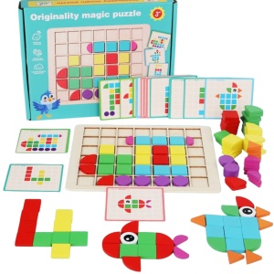 Puzzle mozaic cu piese 3D, cu 4 nivele dificultate, 120 piese, Locomotiva, din lemn - Img 1