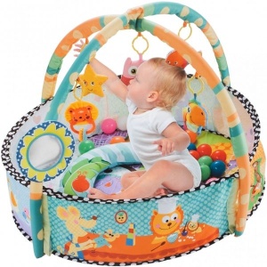 Saltea de joaca 2 in 1 pentru bebelusi, cu bile, pernuta si bara jucarii Happy Space Play Gym, bleu - Img 2
