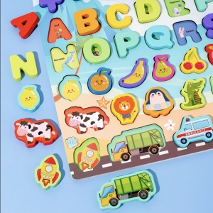 Joc Montessori Logarithm 8 in 1, cu litere, cifre, masini, animale, fructe de pescuit, din lemn - Img 4