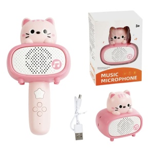 Microfon karaoke cu telecomanda, Bluetooth si incarcator cablu USB - Pisicuta roz - Img 1