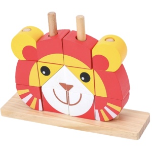 Puzzle 3D din 12 cuburi colorate, pe tije, Leul rosu cu galben - Img 1