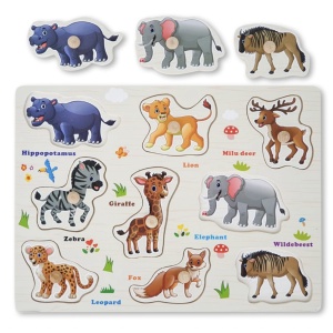 Puzzle Incastru Cu Animale Salbatice Cu Buton Si Imagini, Din Lemn - Img 1