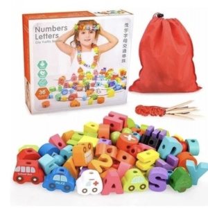 Set 75 piese de snuruit, cu litere, cifre, forme si vehicule, din lemn - Img 1
