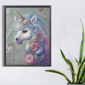 Tablou GM501 Unicorn cu coama inflorata, Pictura cu Diamante, Goblen cu pietre 5D, cu rama de lemn, 40 x 50 cm - Img 2