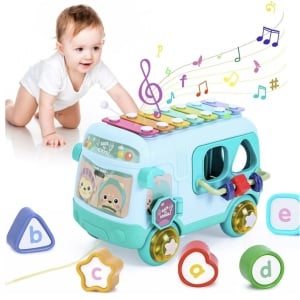 Autobuz interactiv cu xilofon, sortator si jucarii detasabile, bleu - Img 1