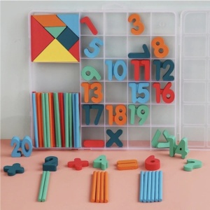Cutie de invatare cu tangram, cifre, semne matematice, din lemn - Img 2