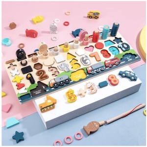 Joc Logarithmic Montessori 7 in 1, cu cifre, forme si vehicule, din lemn - Img 3