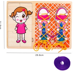 Jucarie Montessori 2 in 1, Puzzle fetita si Invata Sa Legi Sireturile, roz - Img 4