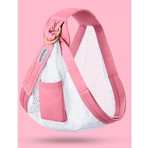 Marsupiu wrap, sling cu inele, pentru bebelusi, roz plasa - Img 10