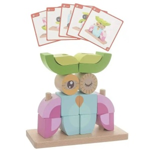 Puzzle 3D din 14 cuburi colorate, pe tije, Bufnita roz cu bleu - Img 5