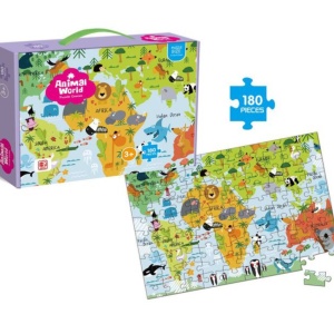 Puzzle clasic, 180 piese, Harta lumii si animalele - Img 1