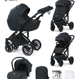 Carucior 3 in 1, G8 Luxury Negru, reversibil, cu suspensii, din piele ECO - Img 1