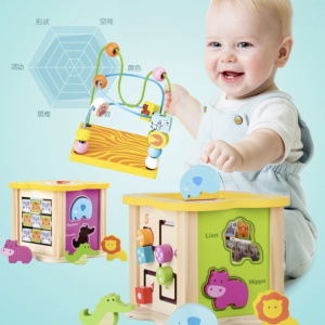 Cub cu 6 activitati Montessori, animalele salbatice cu circuit de bile Mini Animal Cube - Img 3