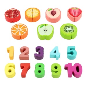 Joc logaritmic Montessori 5 in 1, din lemn cu fructe de taiat - Img 7