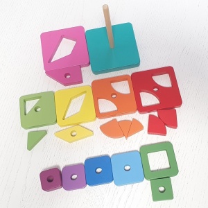 Joc Montessori Turnul Curcubeu Patrat, si tangram, 20 piese, din lemn - Img 7