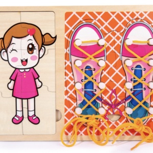 Jucarie Montessori 2 in 1, Puzzle fetita si Invata Sa Legi Sireturile, roz - Img 1