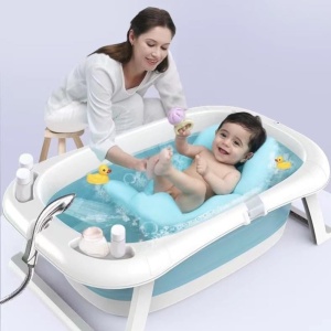 Cadita pliabila cu suport buretat si termometru, pentru bebelusi, bleu - Img 4