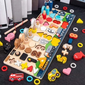 Joc Logarithmic Montessori 7 in 1, cu cifre, forme si vehicule, din lemn - Img 1