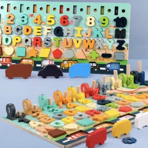 Joc Logarithmic Montessori 8 in 1, cu cifre, litere forme si vehicule, din lemn - Img 2