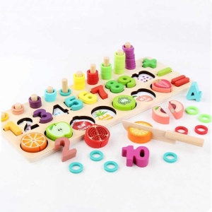 Joc logaritmic Montessori 5 in 1, din lemn cu fructe de taiat - Img 1