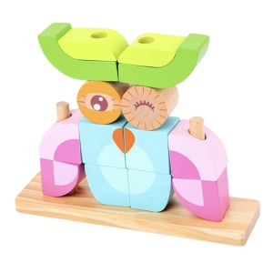 Puzzle 3D din 14 cuburi colorate, pe tije, Bufnita roz cu bleu - Img 1