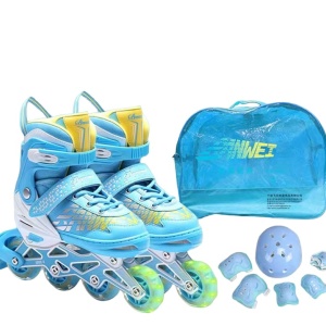 Role copii 2 in 1, R09 cu casca, cotiere si genunchiere, masuri reglabile, albastru - Img 1