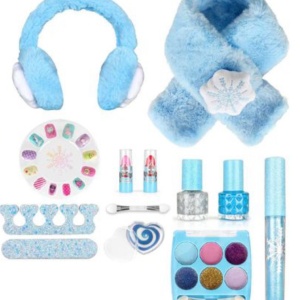 Set de machiaj si manichiura unghii, Hello Winter pentru copii, cu fular si casti pufoase de urechi, bleu - Img 2