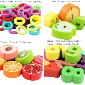 Joc logaritmic Montessori 5 in 1, din lemn cu fructe de taiat - Img 6