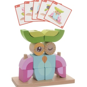 Puzzle 3D din 14 cuburi colorate, pe tije, Bufnita roz cu bleu - Img 2