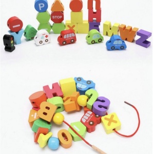 Set 75 piese de snuruit, cu litere, cifre, forme si vehicule, din lemn - Img 3