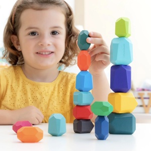 Joc Montessori Pietre colorate cu fatete pentru construit, din lemn, 36 piese - Img 5