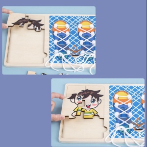 Jucarie Montessori 2 in 1, Puzzle baietel si Invata Sa Legi Sireturile, bleu - Img 3