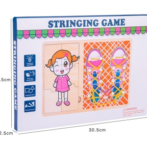 Jucarie Montessori 2 in 1, Puzzle fetita si Invata Sa Legi Sireturile, roz - Img 3