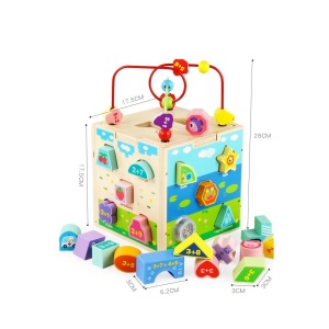 Jucarie Montessori Cub 5 in 1, cu fatete sortatoare de forme si circuit cu bile - Img 3