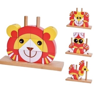 Puzzle 3D din 12 cuburi colorate, pe tije, Leul rosu cu galben - Img 2