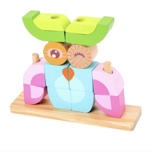 Puzzle 3D din 14 cuburi colorate, pe tije, Bufnita roz cu bleu - Img 6