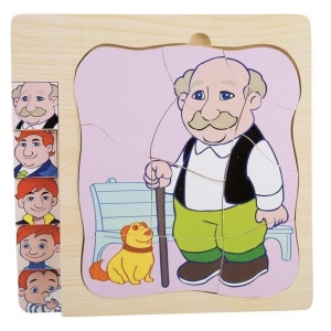 Puzzle in 5 straturi, Etapele vietii de la baietel la bunic, din lemn - Img 1