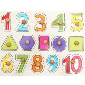 Puzzle Si Incastru Din Lemn Cu Cifre Si Forme Geometrice Cu Buton Si Imagini - Img 1