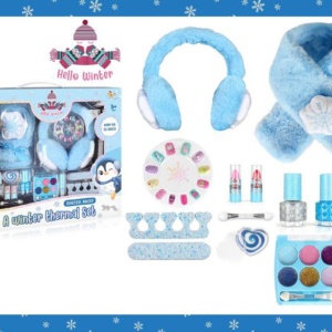 Set de machiaj si manichiura unghii, Hello Winter pentru copii, cu fular si casti pufoase de urechi, bleu - Img 1