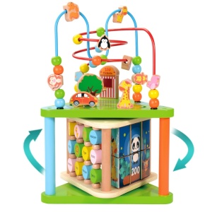 Centru cu activitati multiple Montessori, rotativ, Zoo life, 38x26x23 cm, din lemn - Img 1