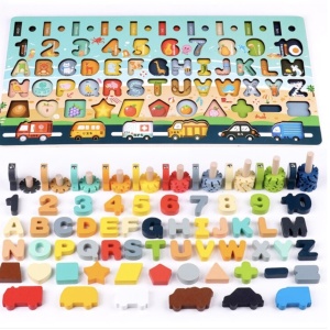 Joc Logarithmic Montessori 8 in 1, cu cifre, litere forme si vehicule, din lemn - Img 1