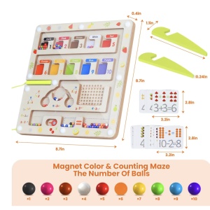 Joc Montessori Labirintul magnetic cu bile colorate si operatiuni matematice, din lemn - Img 3